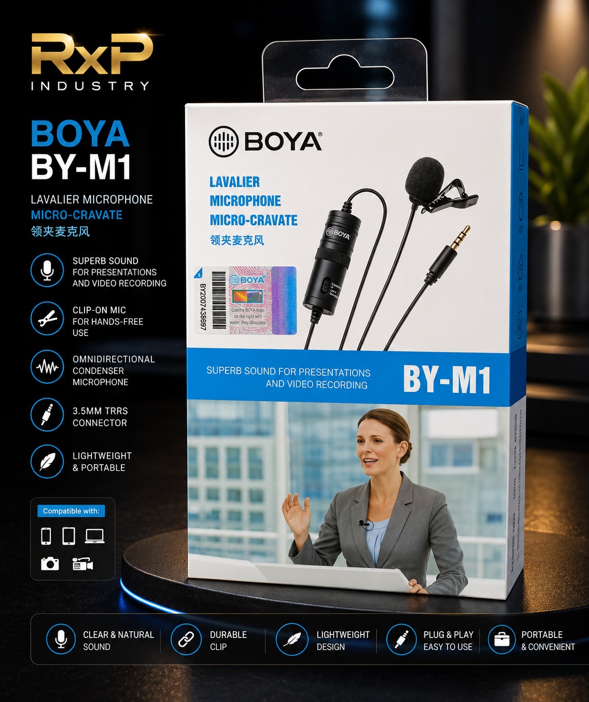 BOYA BY-M1 Lavalier Microphone 3.5mm Omnidirectional Clip-on Mic for Smartphone, DSLR & PC