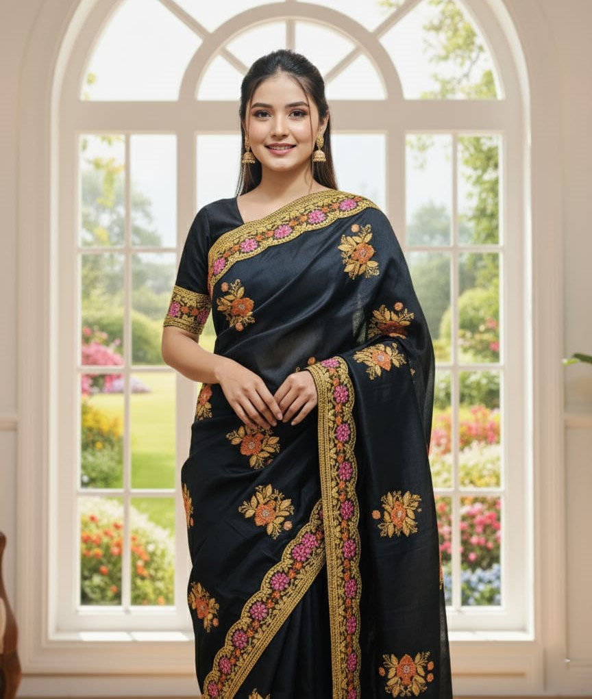 Premium Embroidery Semi Moslin Sharee