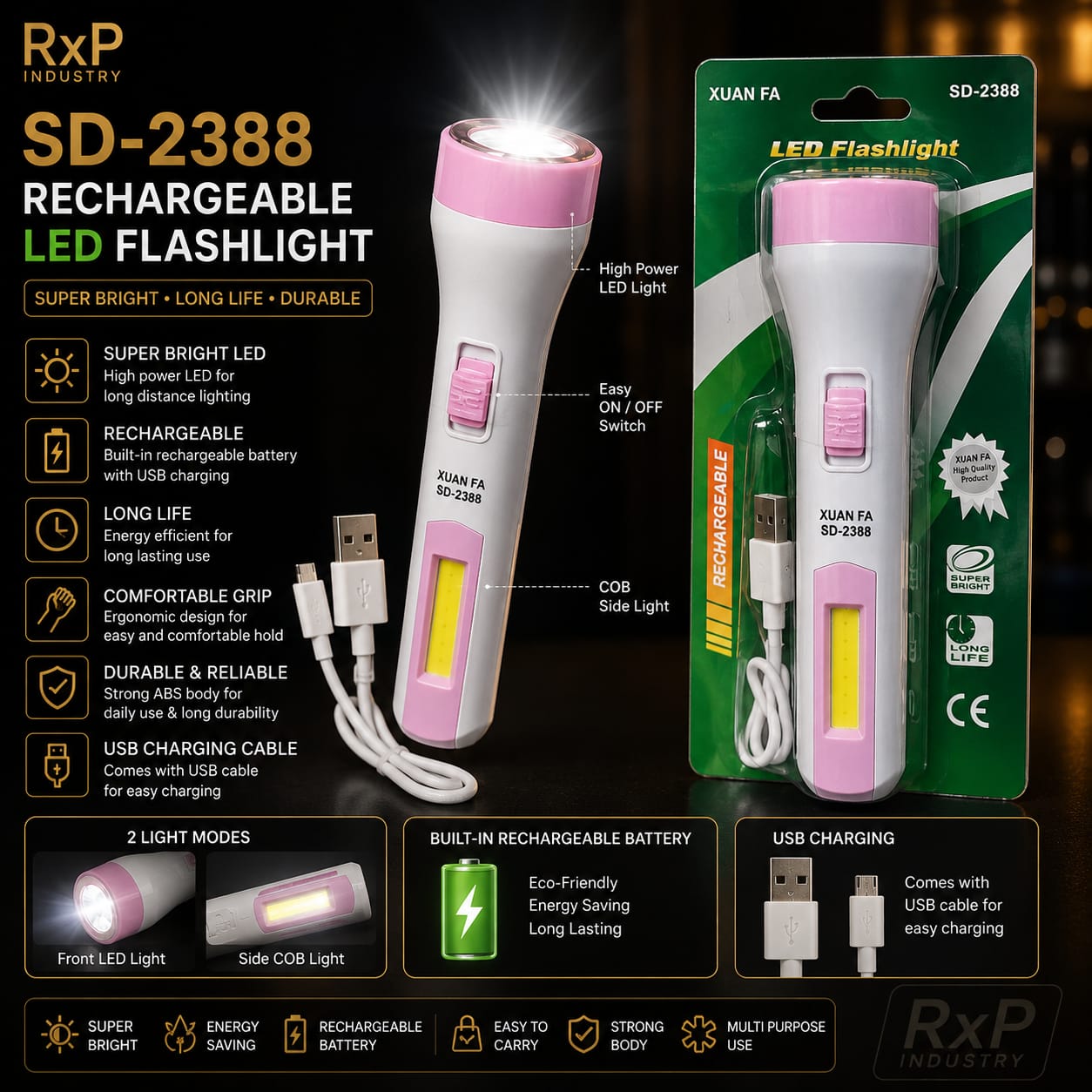 SD-2388 Rechargeable LED Flashlight with COB Side Light USB Torch Light