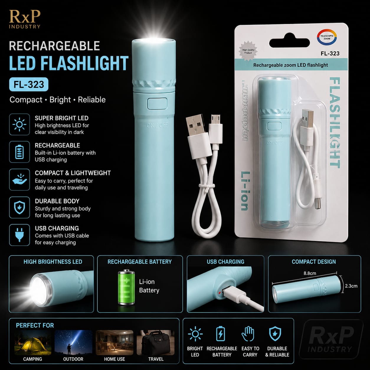 FL-323 Rechargeable Zoom LED Flashlight Mini Portable Torch Light
