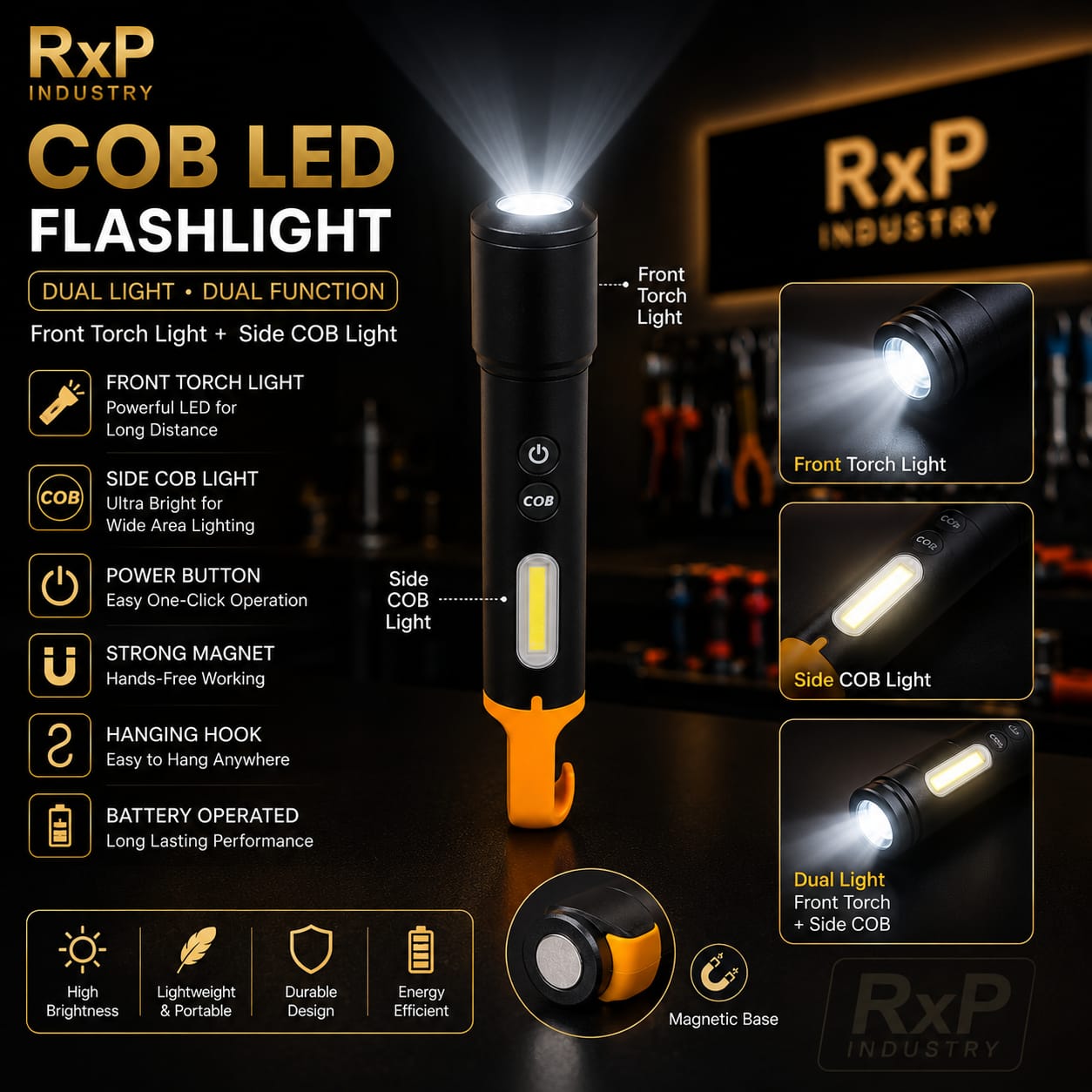 COB LED Flashlight Dual Light Magnetic Torch with Side COB Light & Hanging Hook