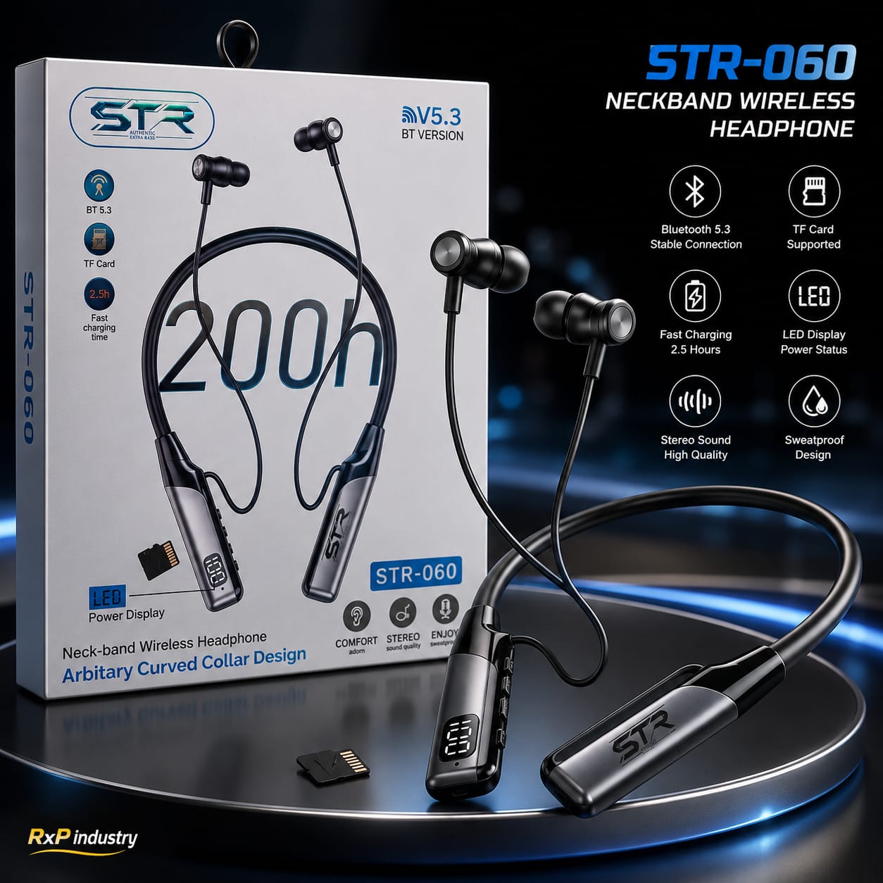 STR 060 Wireless Neckband Bluetooth Earphones LED Display TF Card BT 5.3