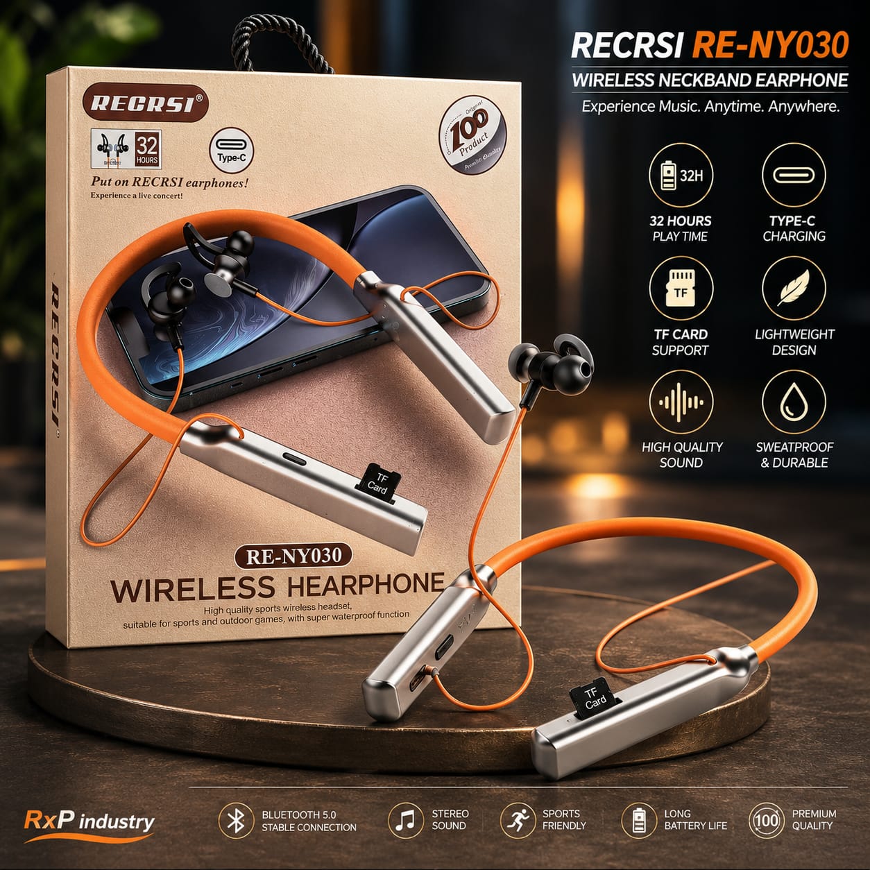 RECRSI RE NY030 Wireless Neckband Bluetooth Earphones Type C TF Card Sports