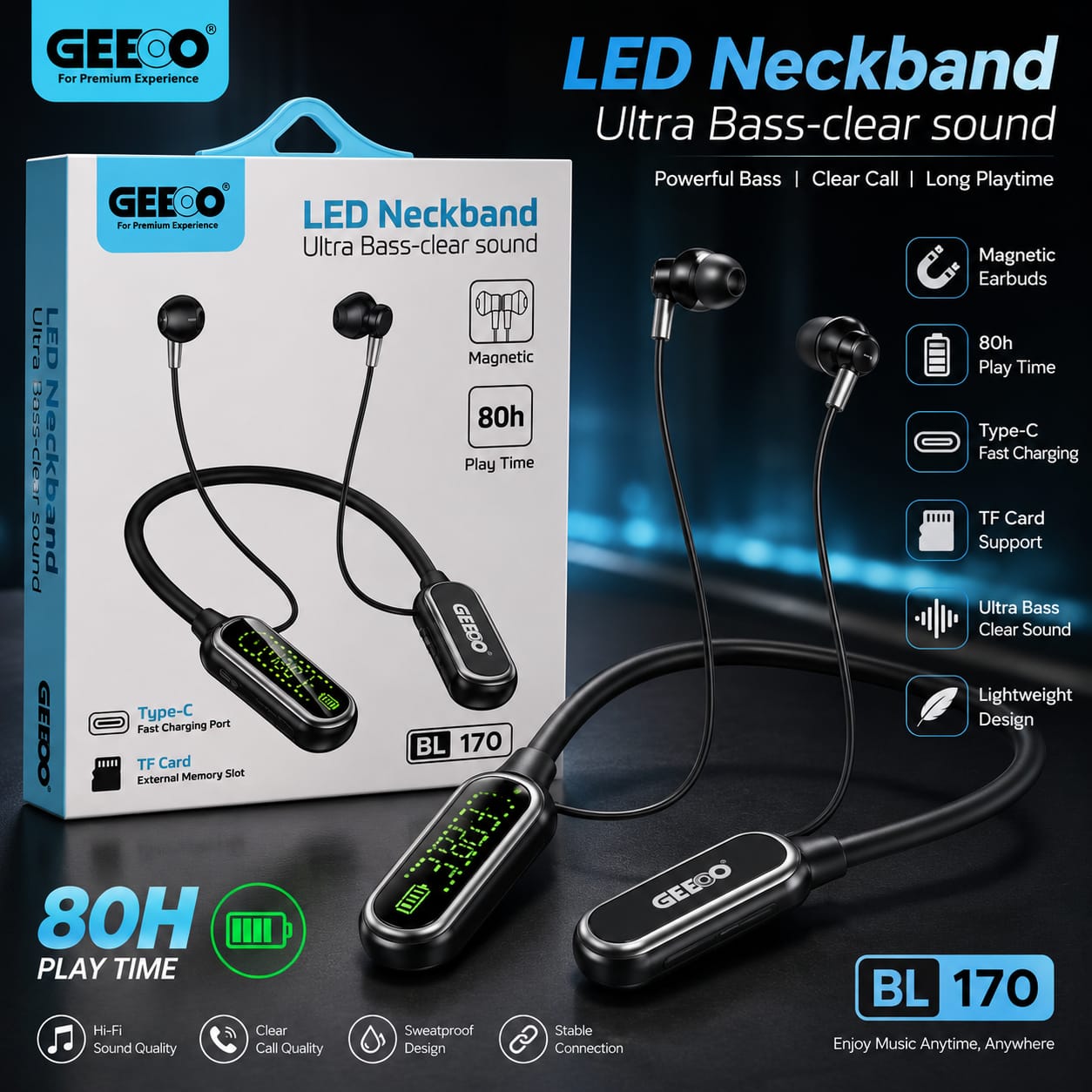 GEEOO BL170 LED Neckband Bluetooth Earphone