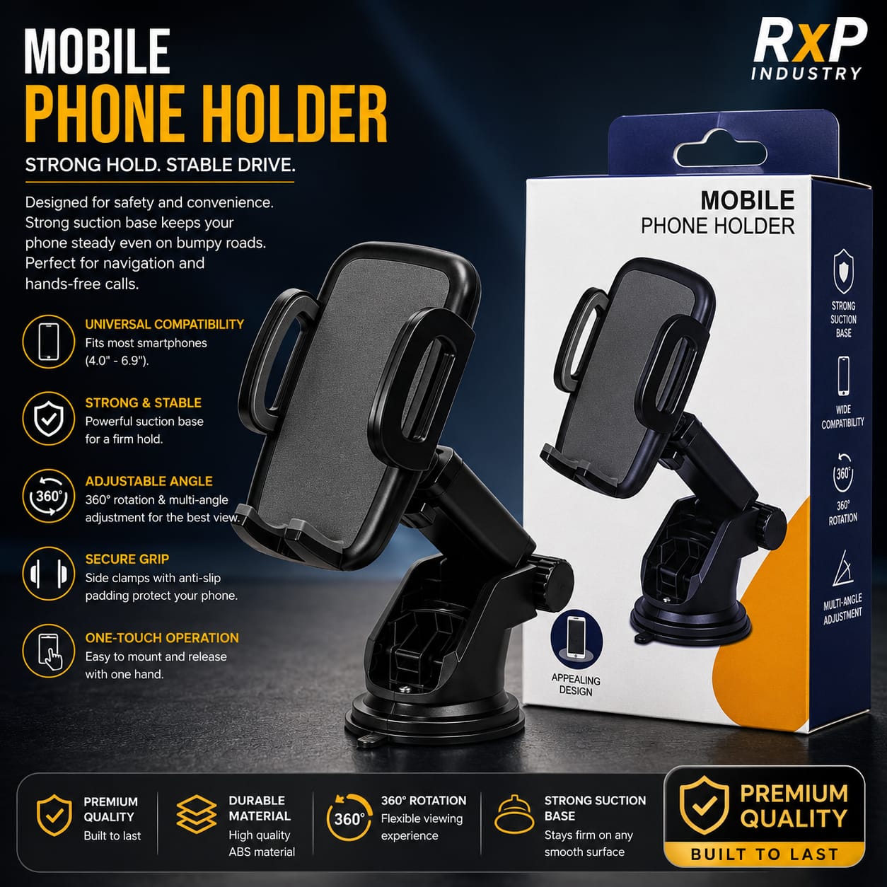 Universal 360° Car Mobile Phone Holder with Strong Suction Cup & One-Touch Lock for 4.0"–6.9" Smartphones