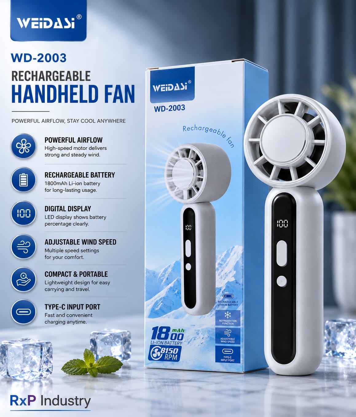 WEIDASI WD-2003 Rechargeable Handheld Fan – 1800mAh Digital Display USB Portable Turbo Fan
