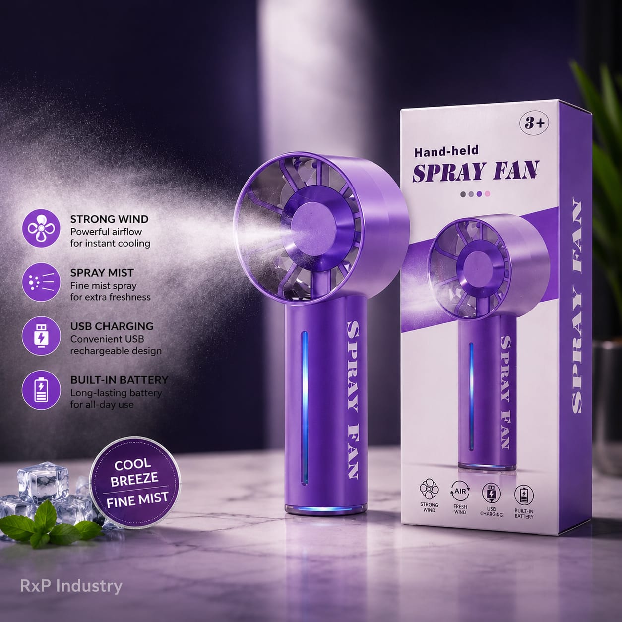 Portable Handheld Spray Fan – USB Rechargeable Mist Cooling Fan with Built-in Battery