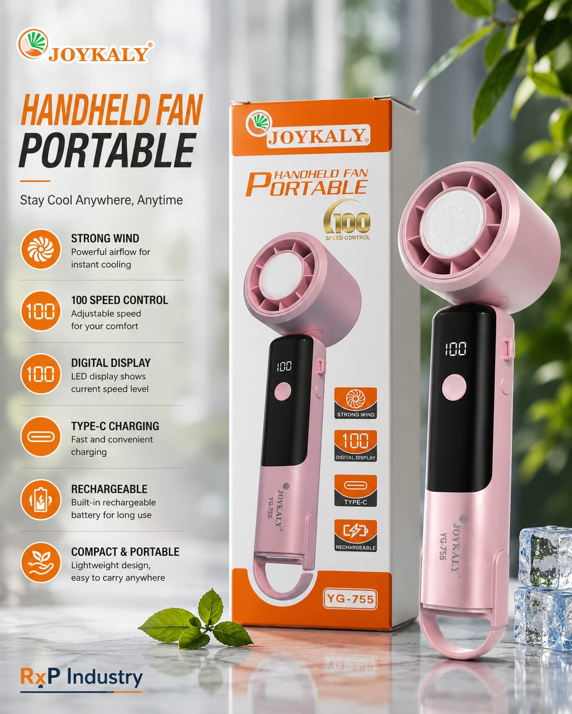 JoyKaly YG-755 Portable Handheld Fan with Digital Display & Type-C Charging