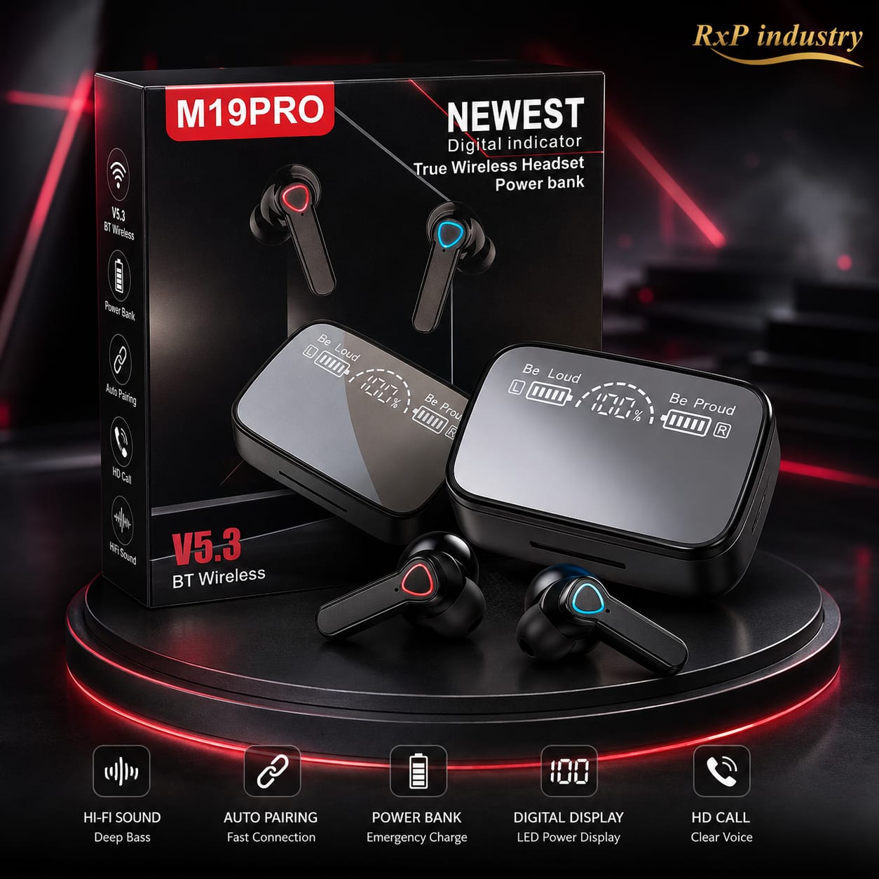 M19 Pro Bluetooth 5.3 TWS Wireless Earbuds Digital Display Power Bank