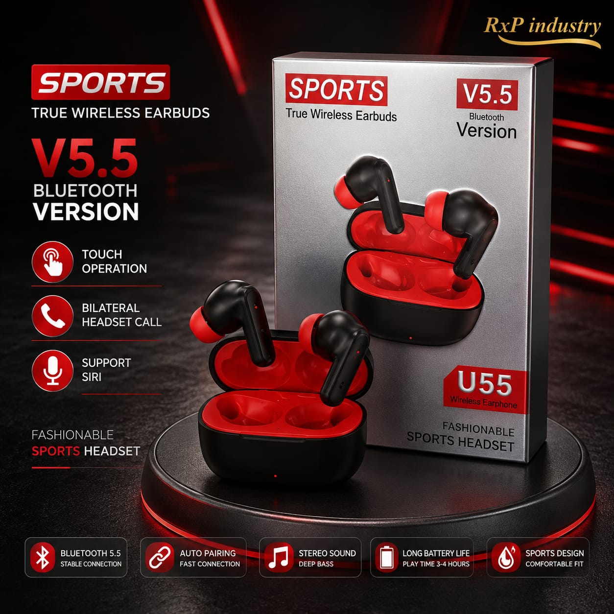 U55 Sports Bluetooth 5.5 True Wireless Earbuds Touch Control