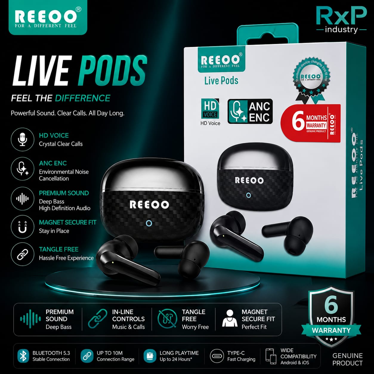 REEOO Live Pods ANC ENC Wireless Earbuds Bluetooth 5.3 HD Voice Premium Sound 6 Months Warranty