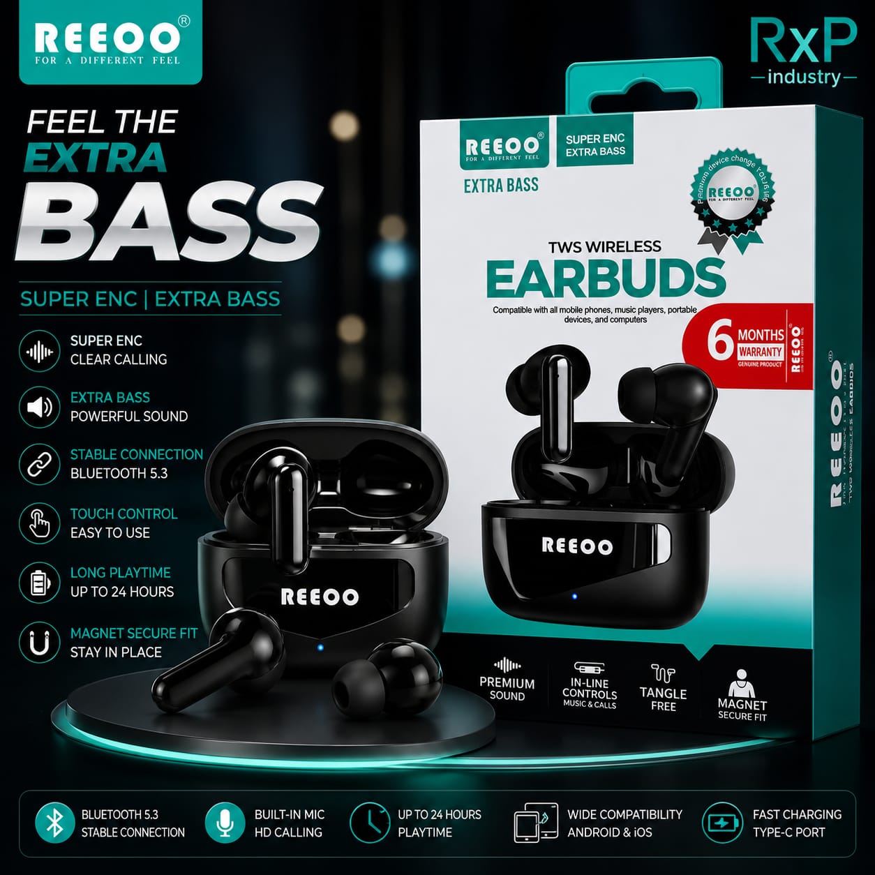 REEOO Extra Bass TWS Wireless Earbuds Super ENC Bluetooth 53 Black 6 Months Warranty