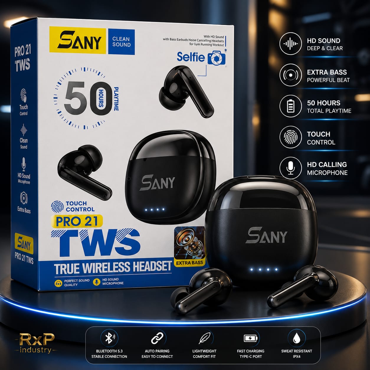SANY PRO21 TWS True Wireless Earbuds Bluetooth 53 Extra Bass HD Sound Black