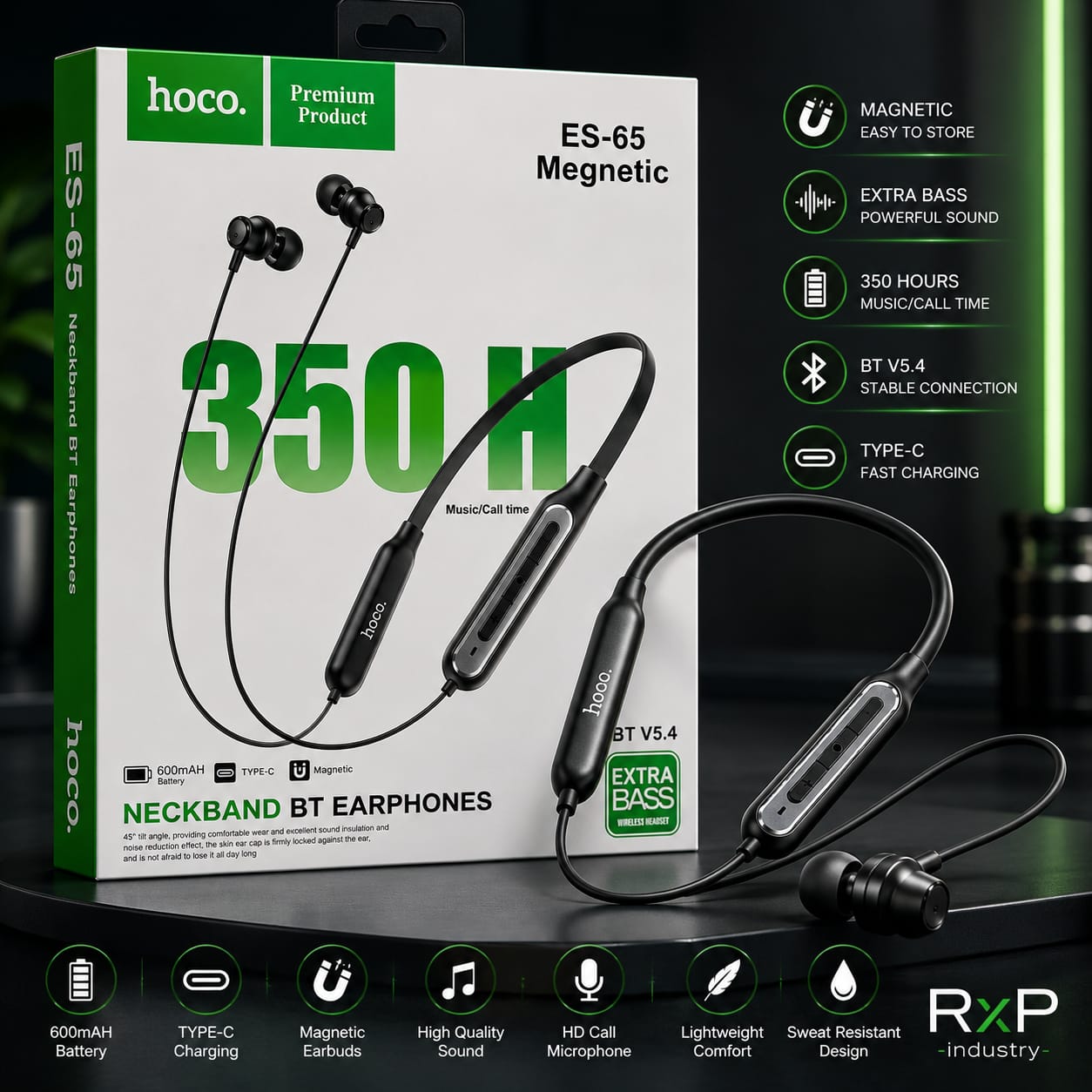 HOCO ES65 Magnetic Wireless Neckband Bluetooth 5.4 Extra Bass 600mAh Type C HD Call Black