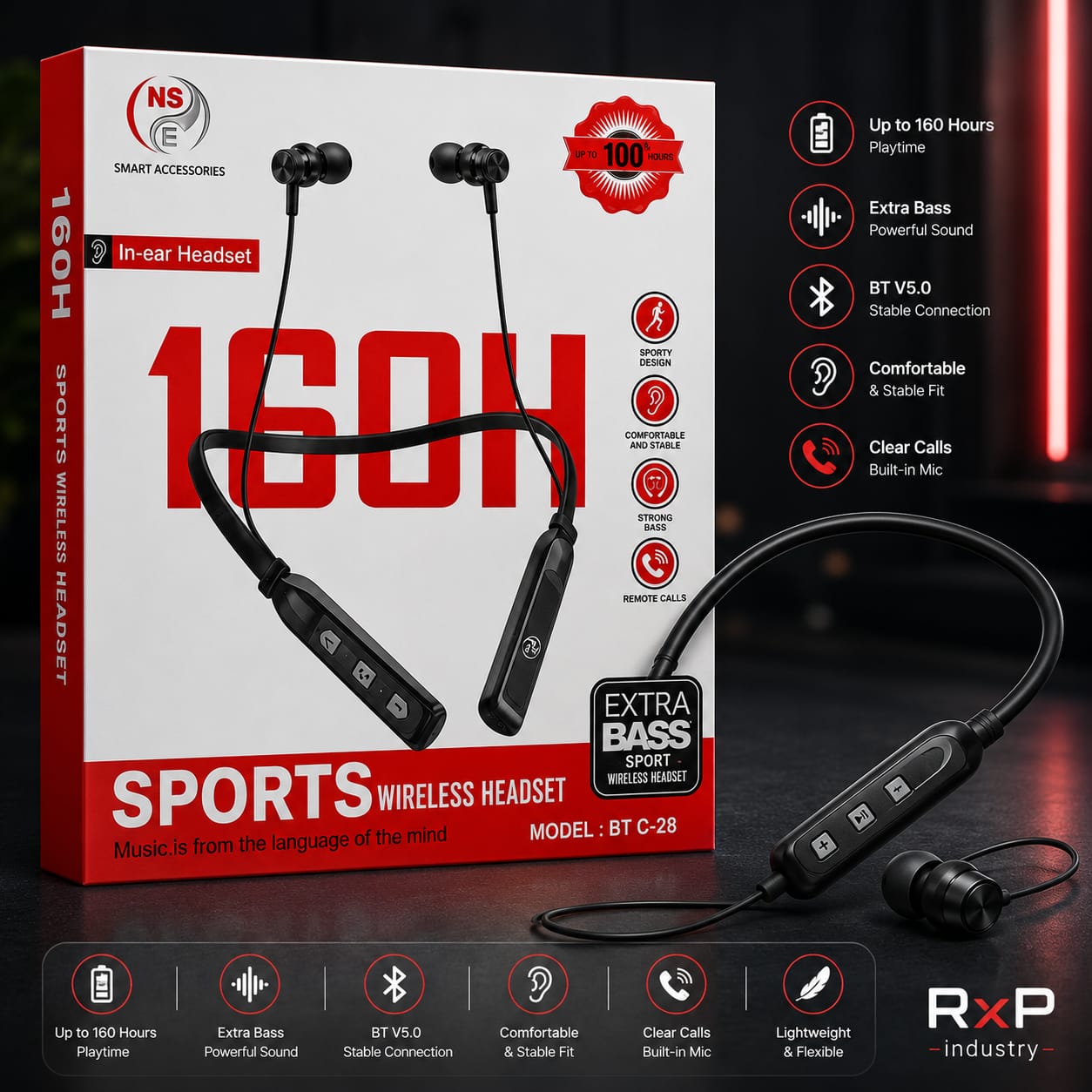 NS 160H BT C28 Sports Wireless Neckband Bluetooth Earphone Extra Bass Black