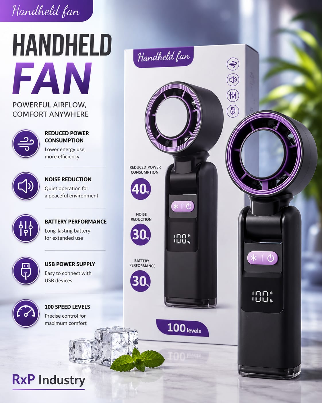 Portable Handheld Fan with 100 Speed Levels, Digital Display & USB Power Supply