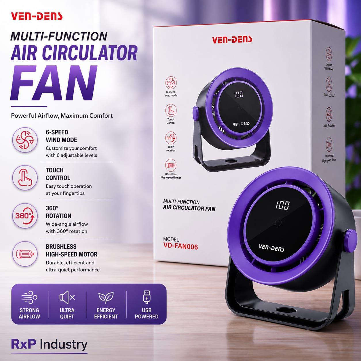 VEN-DENS VD-FAN006 Multi-Function Air Circulator Fan | 6-Speed USB Powered Desktop Fan | 360° Rotation Portable Fan