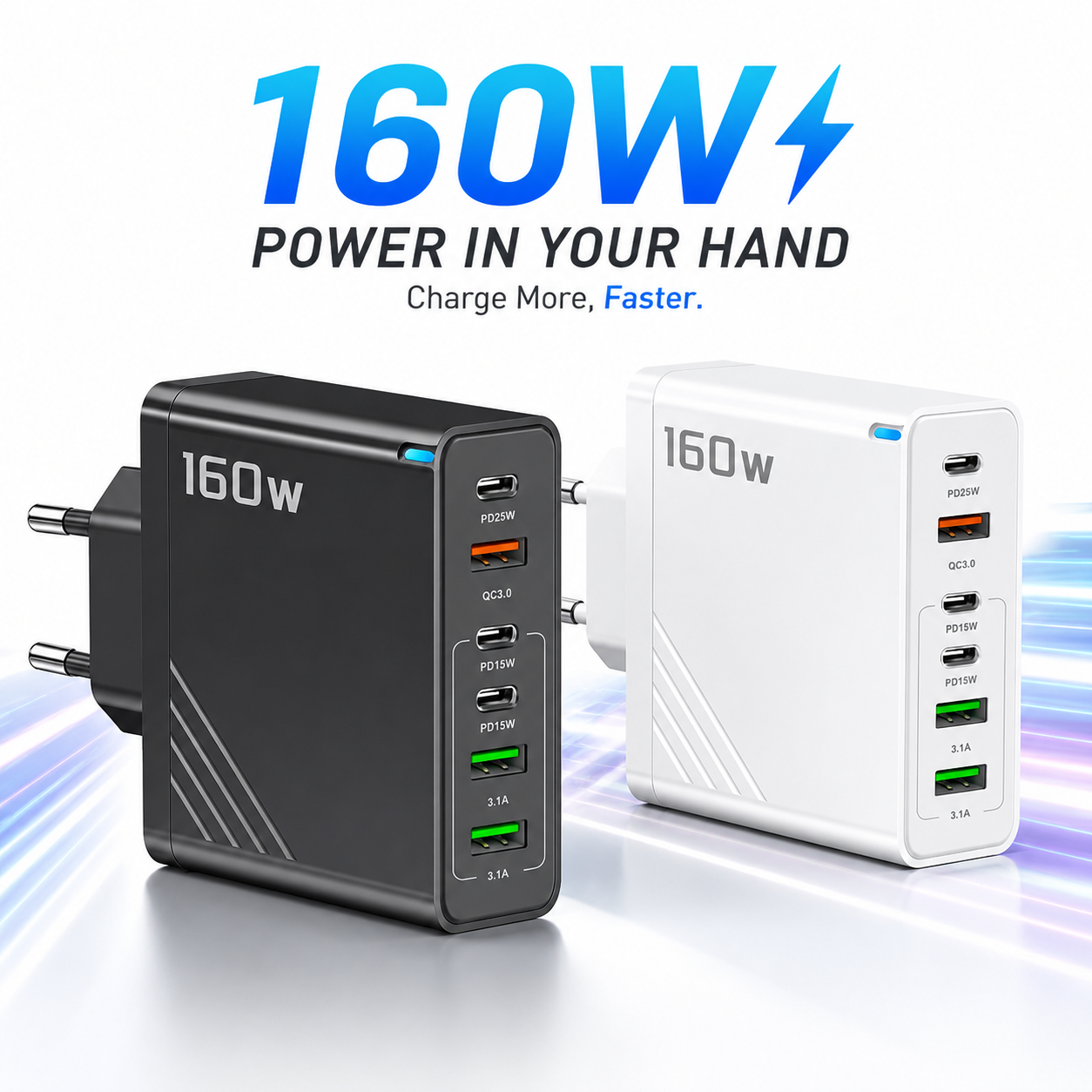 160W Super Fast Multi-Port GaN Charger with 6-in-1 Power Delivery