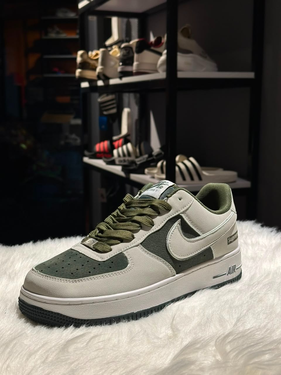 Nike Air Force 1 Low Custom Premium Sneakers - Olive Green & Sail White (Supreme Inspired)