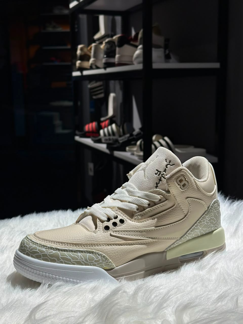 Air Jordan 3 Retro Custom Premium Sneakers - Cream Tan & Desert Elephant Print