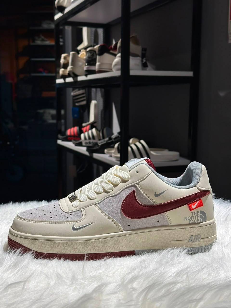 Nike Air Force 1 Low Custom Premium Sneakers - Cream White & Wine Burgundy (The North Face Inspired)
