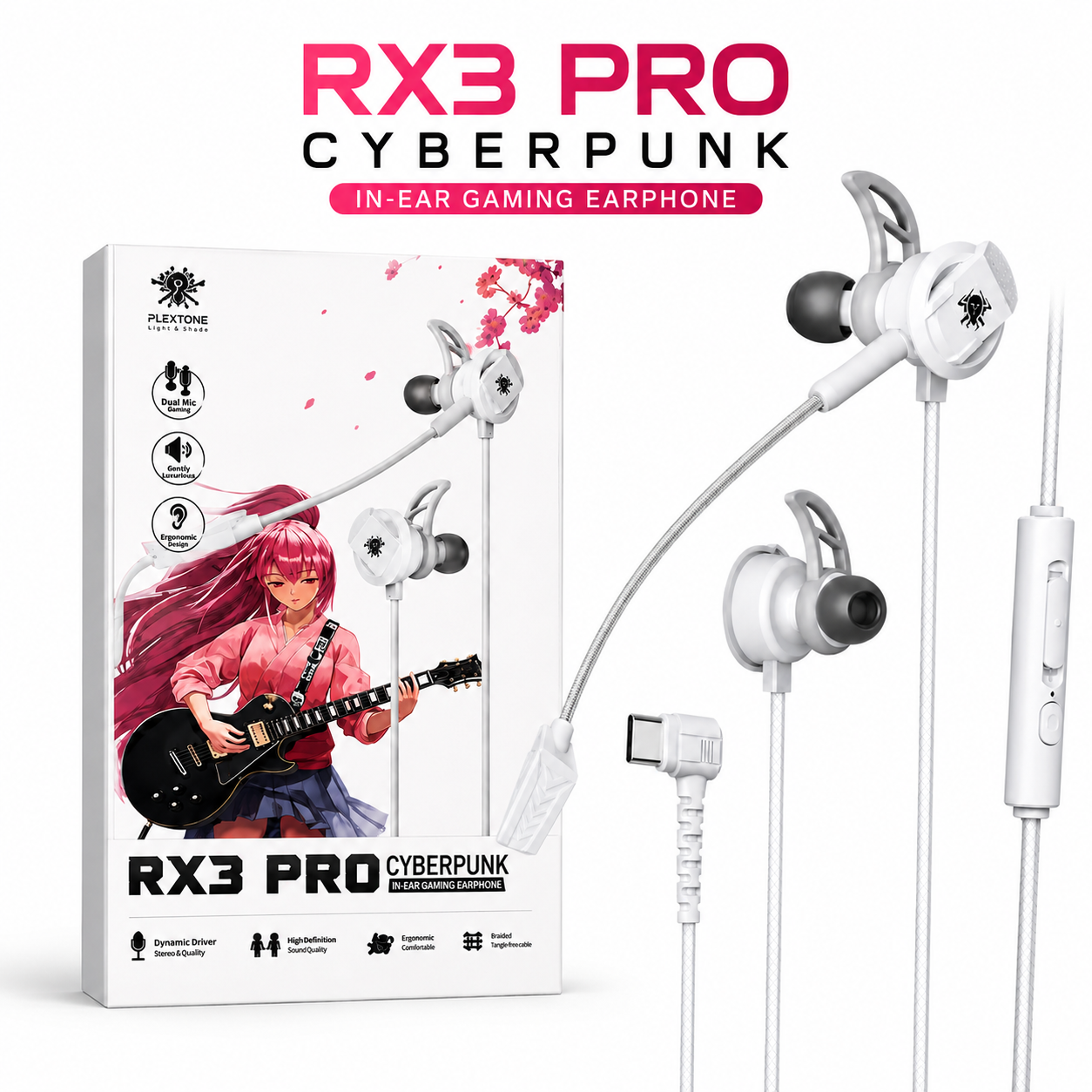 RX3 Pro Gaming Headphones, Wired Type-C, Over-Ear, Grey, 16 Ohm Impedance, Dual HD Noise-Cancelling Mic, 20Hz Frequency Response, 10MW Sensitivity, Curved Jack