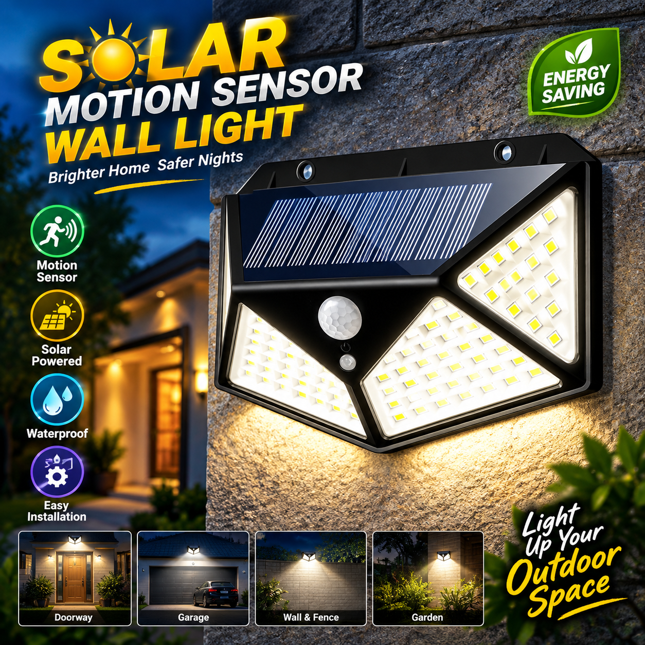 LED Outdoor Solar Motion Sensor Wall Light – 12W Waterproof Wireless Solar Spotlight with 3 Lighting Modes, 2200mAh Rechargeable Battery for Garden & Yard Security