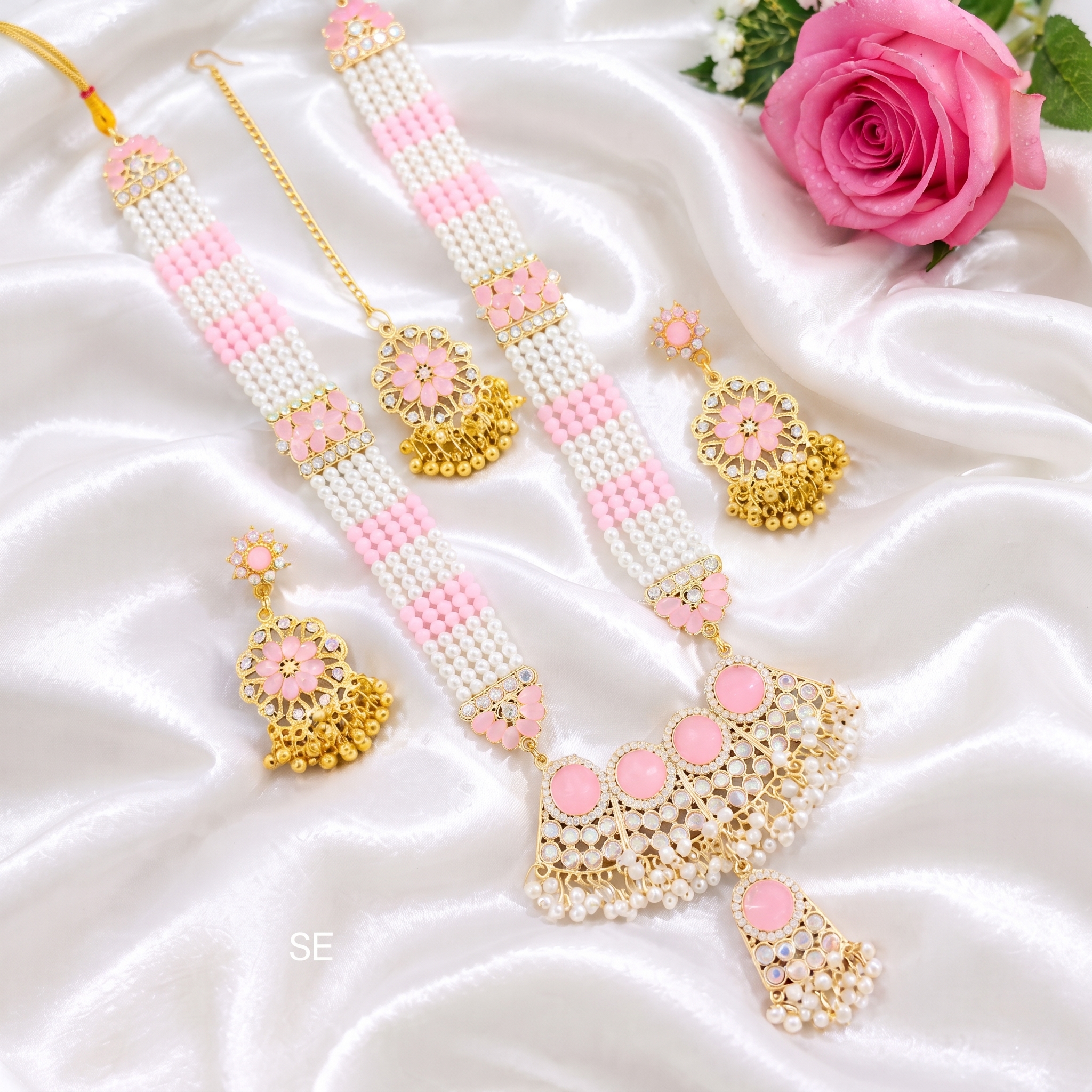 Premium Baby Pink & Pearl Long Rani Haar Jewelry Set with Earrings & Maang Tikka